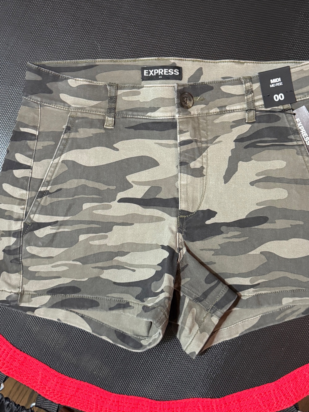 Express Olive and Dark Gray Camo Mid-Rise Shorts